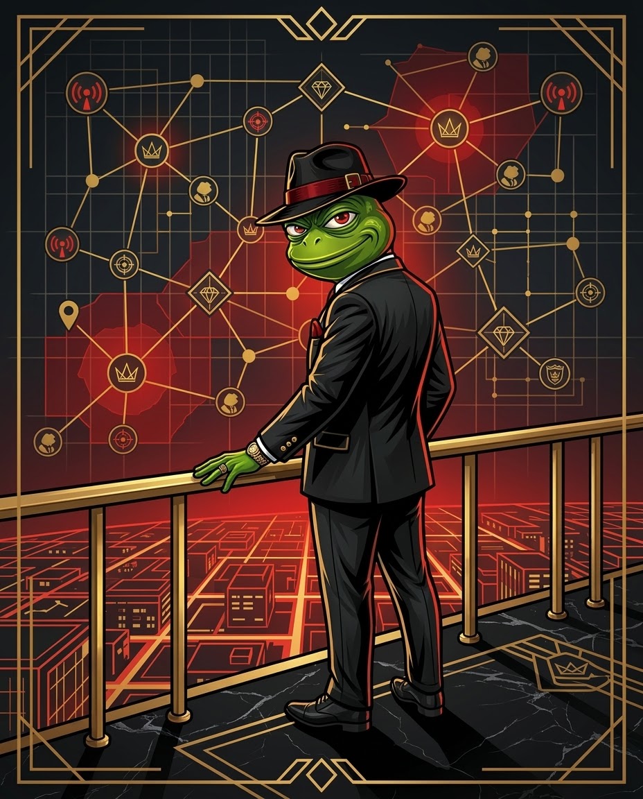 The Boss standing at a gold railing overlooking an illuminated territory network map