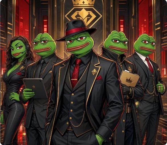 The PepeCartel squad of operatives assembled in an art-deco strategy room