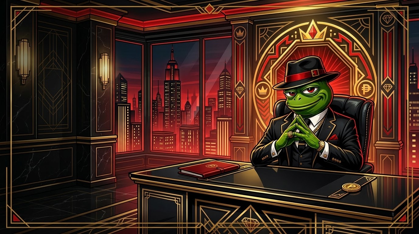 PepeCartel Boss seated at a marble desk in an art-deco cartel office overlooking a red city skyline