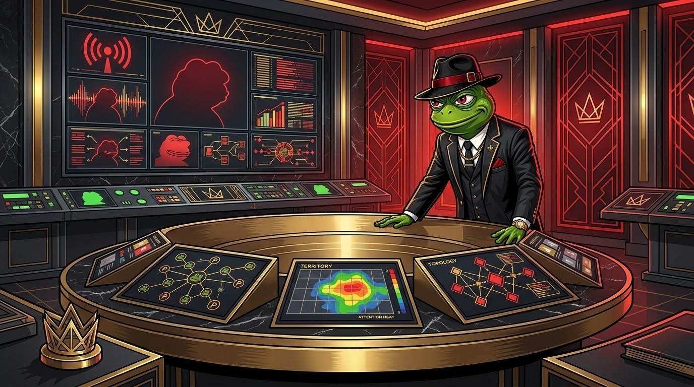 The Boss at a circular gold command table surrounded by monitoring and network screens